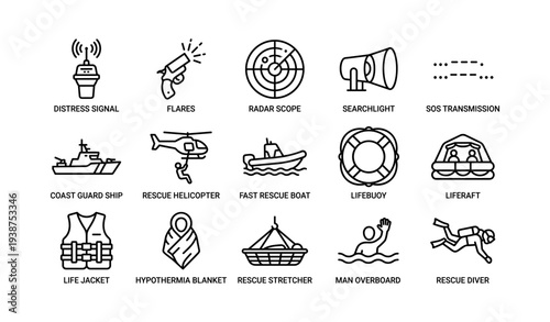 Emergency maritime rescue equipment icons for safety at sea