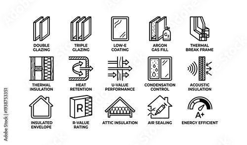 Home insulation solutions and energy efficiency icons collection
