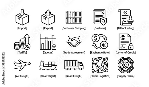 Icons depicting import export shipping customs logistics and trade concepts