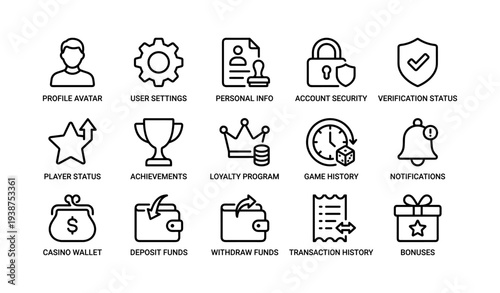 Set of 16 black line icons for user interface and gaming features