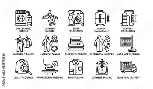 Laundry and cleaning icon set: machines, apparel, chemicals, tools, processes