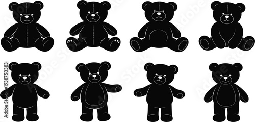 Teddy Bear Silhouette Collection with Cute Plush Toy Poses for Kids Nursery Designs, Baby Shower Decorations, Toy Icons, and Vector Illustration Set