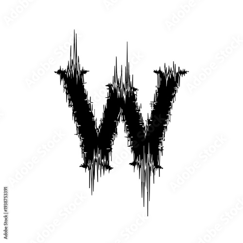Distorted letter W with sound wave distortion effect on a plain white surface from a straightforward viewpoint
