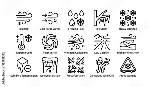 Weather icons: blizzard, gale-force winds, freezing rain, ice storm, snowfall