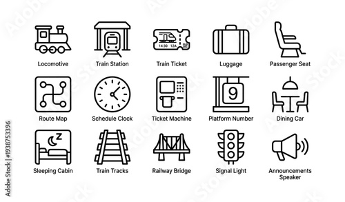 Train travel icons: transportation, luggage, schedule, platforms, railway symbols