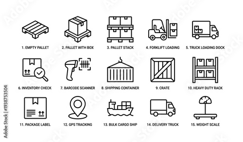 Warehouse equipment icons: pallets, forklift, barcode scanner, crate, shipping container