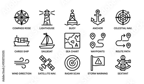 Nautical icons: compass, lighthouse, buoy, anchor, navigation symbols