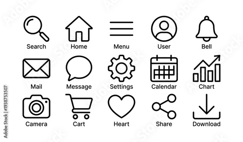 Set of 15 black outline icons including search home menu and user
