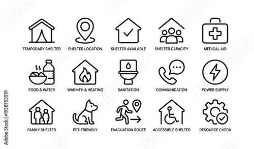 Emergency shelter and aid icons: shelter, medical, food, communication, evacuation