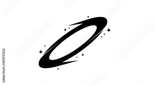 A stylized black illustration of a planet ring surrounded by stars viewed from an angled perspective in space