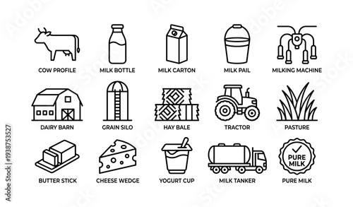 Farm equipment and dairy product icons featuring milk and agriculture elements