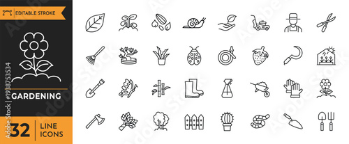 Gardening icons showcase various tools and plants on a white background