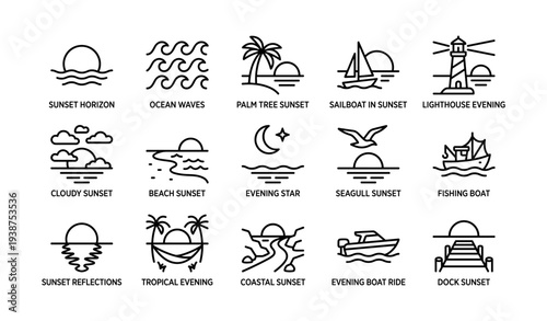 Coastal sunset icons featuring boats, palms, and a lighthouse