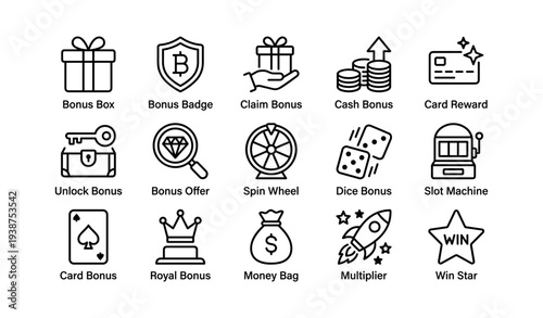 Various bonus icons collection featuring rewards and prizes