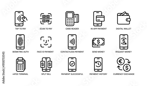 Contactless payment and digital wallet icons for modern transactions