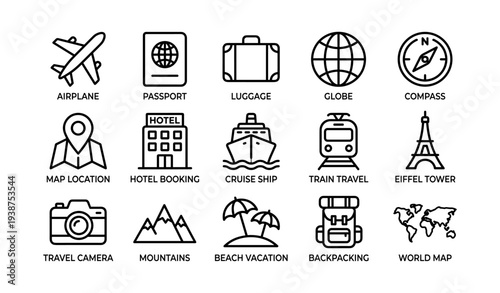 Travel icons collection featuring airplane, luggage, globe, and more