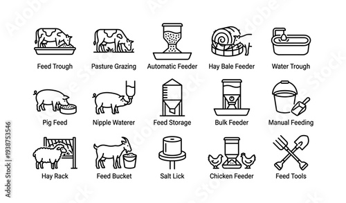Farm animal feeding methods and equipment icons for efficient agriculture