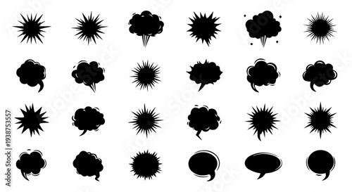 Various black silhouettes of speech bubbles and explosive elements arranged in a grid pattern on a plain background