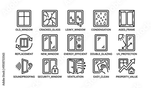 Window icons: old, cracked, leaky, energy efficient, double glazing, security, uv protection, soundproofing