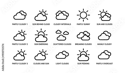 Weather icons collection: cloudy, sunny, and partly cloudy variations