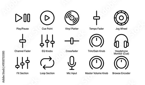 Audio mixing equipment icons: play, cue, vinyl, faders, effects, knobs
