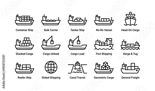Various types of cargo ships and shipping icons in black and white