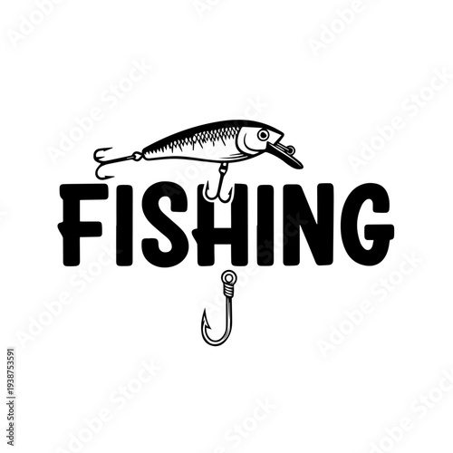 Fishing Lure Illustration Featuring Hook, Fish, and Typography on White Background from a Front View
