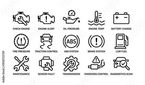 Car dashboard warning symbols with explanations for maintenance and diagnostics
