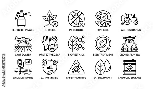 Agricultural pest control icons: sprayer, herbicide, insecticide, fungicide, tractor, drone, safety