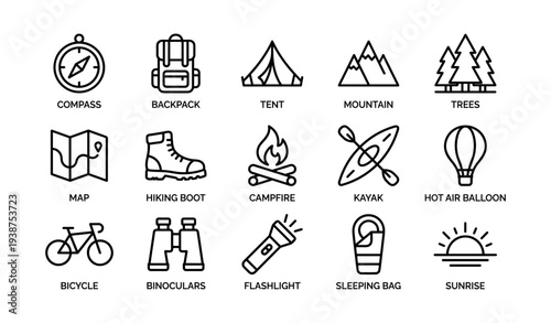 Outdoor adventure icons set: compass, backpack, tent, mountain, trees, and more