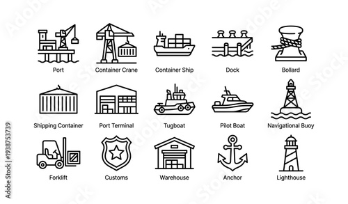 Maritime icons: crane, ship, dock, buoy, lighthouse