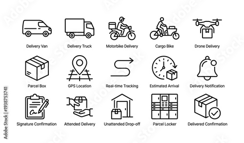 Delivery method icons: bikes, trucks, drones, and parcels