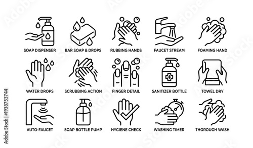 Hand hygiene icons set: cleansing, sanitizing, washing techniques illustrated