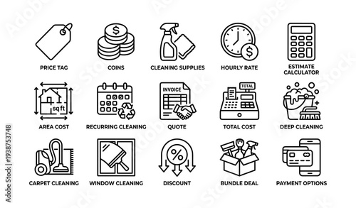Cleaning service icons: price, coins, supplies, deep cleaning, payment options