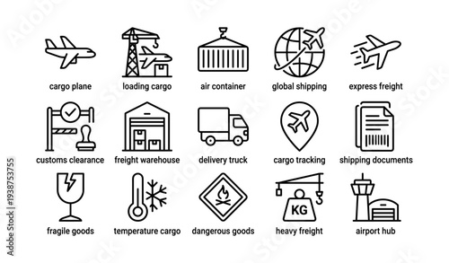 Global freight and shipping icons featuring cargo planes and warehouses