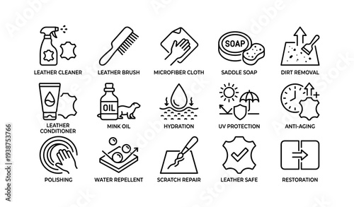 Leather care icons collection: cleaner, brush, soap, conditioner, protection, repair