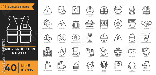 A collection of line icons depicting labor protection and safety symbols.