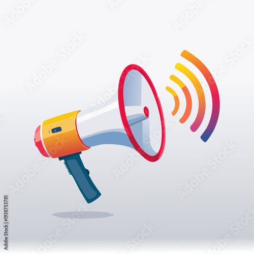 Megaphone illustration broadcasting important information with sound waves.