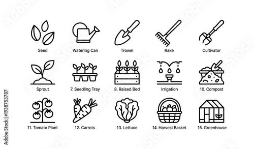 Gardening icons set: tools and plants for home cultivation