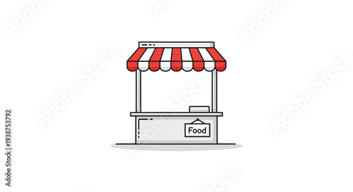 Simple food stall with red and white awning, isolated on white background, graphic illustration.