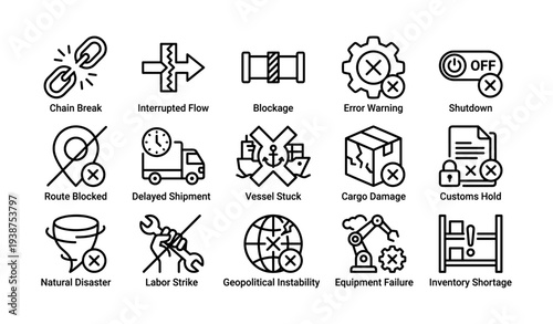 Supply chain disruptions icons: error, shutdown, delayed shipment, natural disaster, labor strike