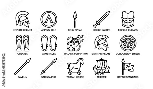 Ancient greek warfare icons: helmets, shields, weapons, ships and armor