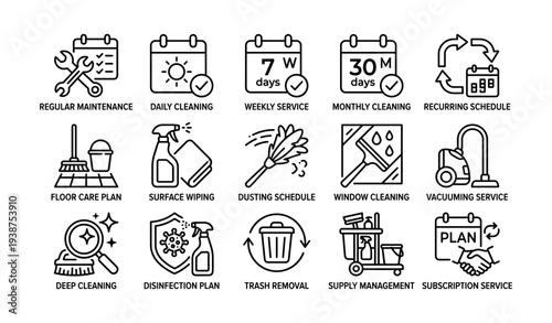Comprehensive cleaning services icons including maintenance, daily cleaning, and subscription plans