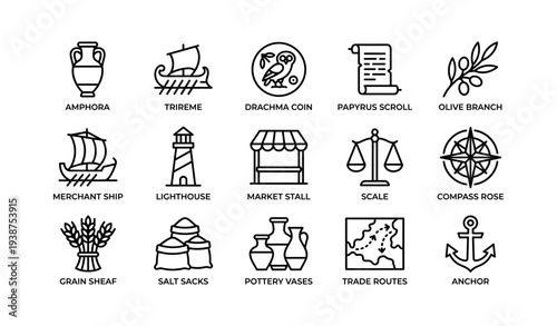 Ancient greek symbols: amphora, trireme, drachma coin, papyrus scroll, olive branch icons