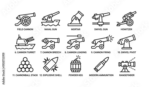 Illustrated artillery icons: historical cannons and modern ammunition designs