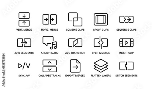 Video editing icons: merge, group, sequence, transition, layers, segments