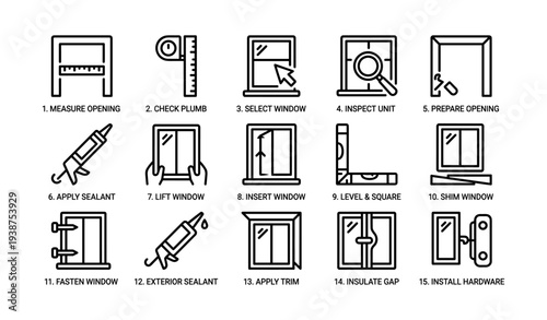 Window installation guide: step-by-step instruction icons for home improvement