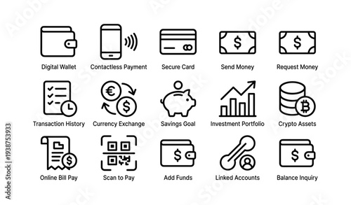 Digital wallet icons: payments, investments, cryptocurrencies, and banking