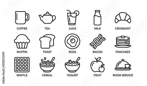 Breakfast icons: coffee, tea, juice, milk, croissant, pancakes, waffle, cereal
