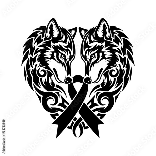 Two wolves forming a heart shape with intertwined faces, symbolizing love and unity in a striking black illustration